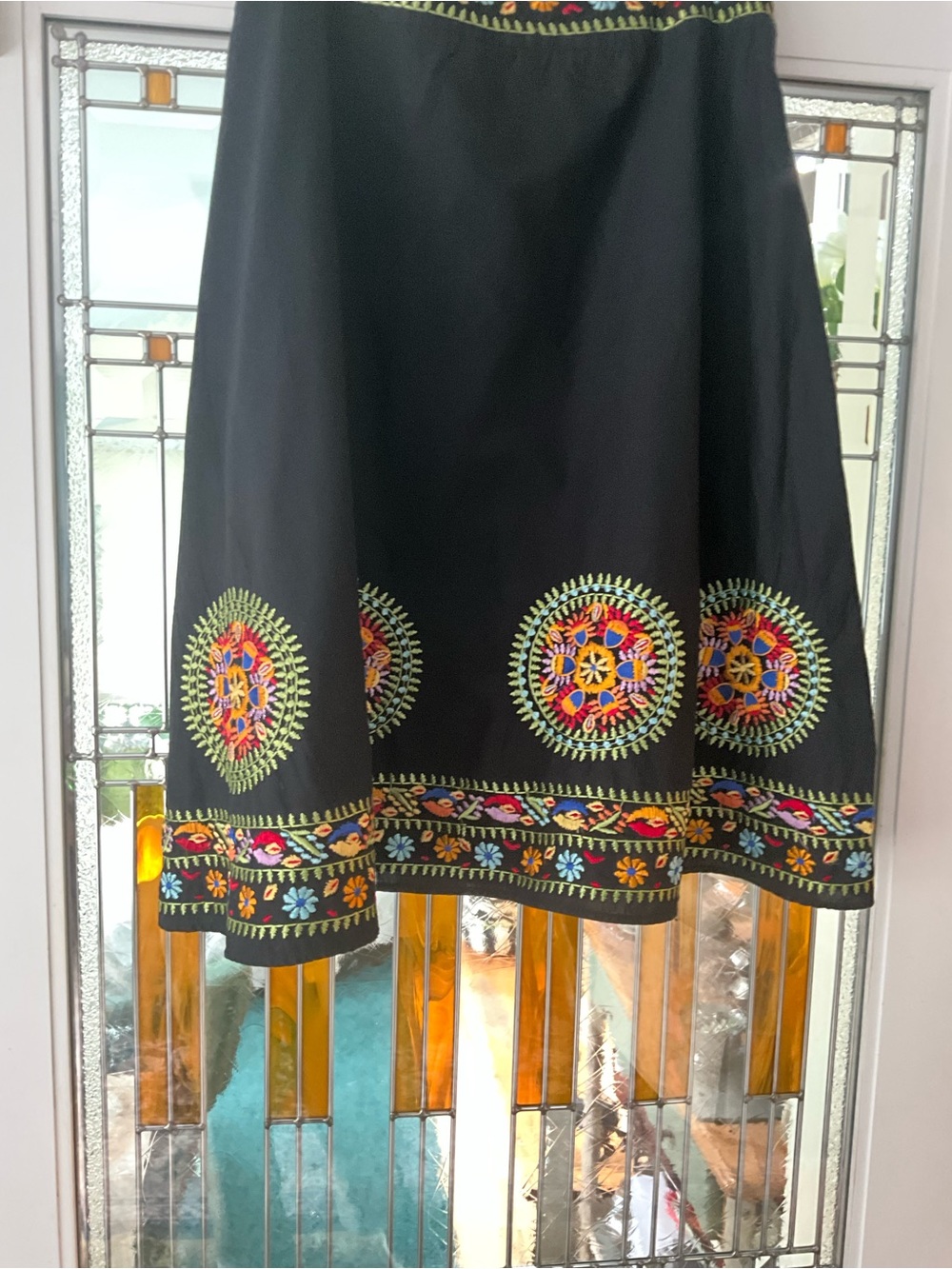 NY Collection Black A-Line Skirt with Multicolor Embroidered Medallions